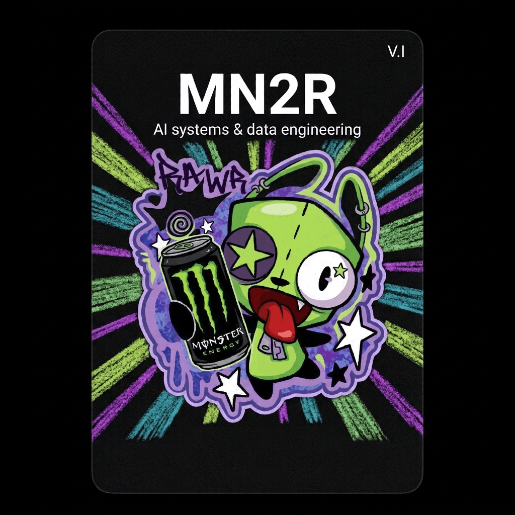 MN2R character card: a grinning green robot clutching an energy-drink can